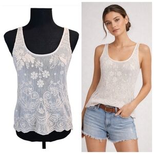 Polo Ralph Lauren Embroidered Lace Tank Top S White Mesh Floral Scalloped Hem
